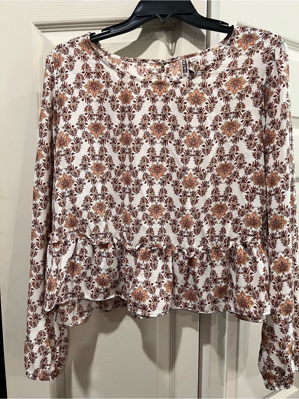Floral Peplum Long-Sleeve Top - White with Brown & Gold Print
